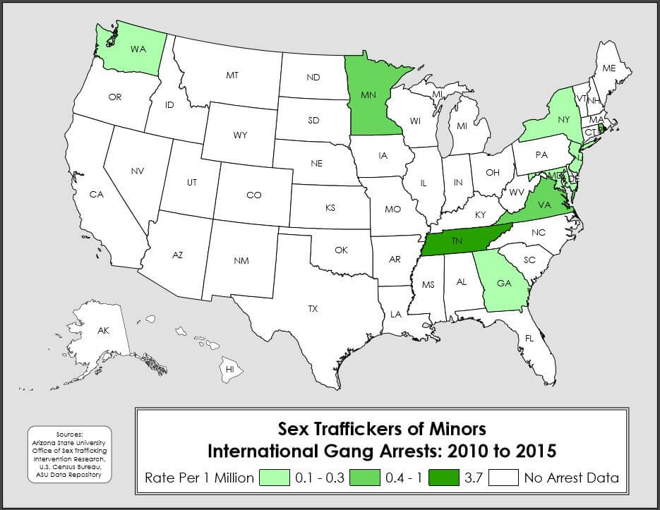 Mapa de arrestos internacionales relacionados con pandillas por tráfico sexual de menores.