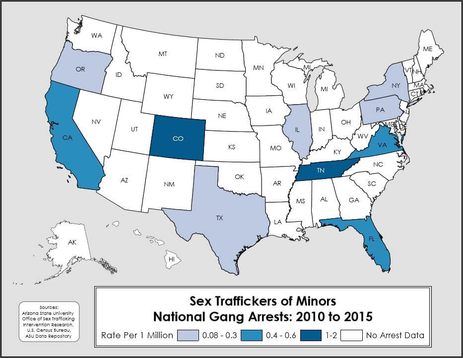Carte des arrestations liées à des gangs locaux pour trafic sexuel d'un mineur.