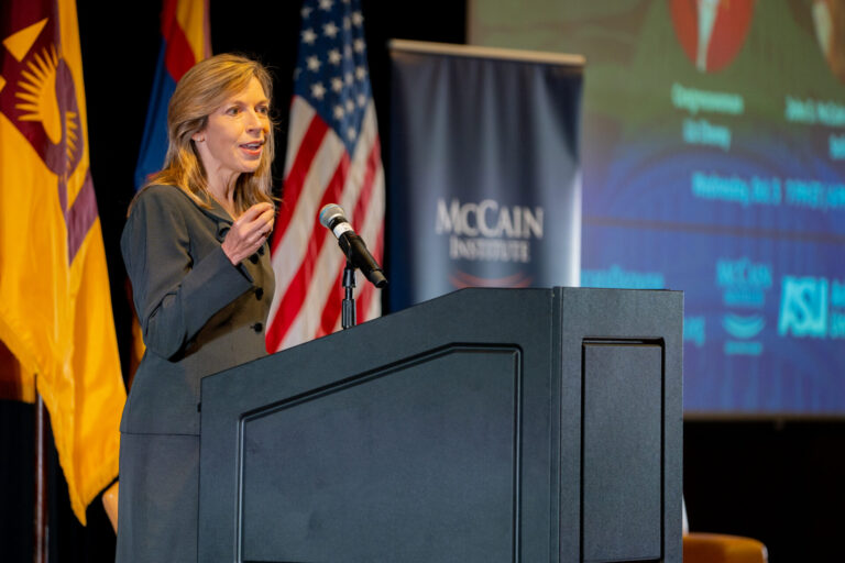 20221005 - Liz Cheney Event - TempeImage is not released.Executive Director of the McCain Institute Evelyn Farkas introduces the “Courage in American Leadership: A Conversation with Congresswoman Liz Cheney” event at the Memorial Union in Tempe on Oct. 5, 2022. (Samantha Chow/Arizona State University)