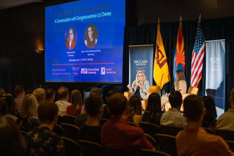 20221005 - Liz Cheney Event - TempeImage is not released.Congresswoman Liz Cheney (left) speaks during an event moderated by McCain Institute John S. McCain Democracy Fellow Sofia Gross at the Memorial Union in Tempe on Oct. 5, 2022. (Samantha Chow/Arizona State University)