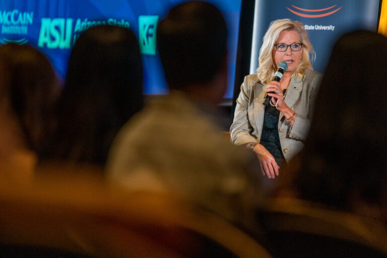 Congresswoman Liz Cheney speaks during a “Courage in American Leadership: A Conversation with Congresswoman Liz Cheney” event at the Memorial Union in Tempe on Oct. 5, 2022. (Samantha Chow/Arizona State University)
