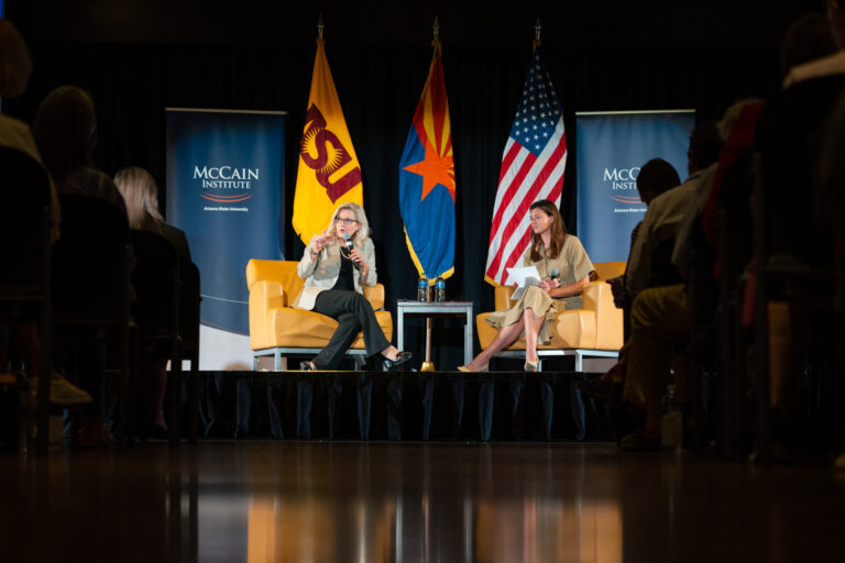 20221005 - Liz Cheney Event - TempeImage is not released.Congresswoman Liz Cheney (left) speaks during a “Courage in American Leadership: A Conversation with Congresswoman Liz Cheney” event moderated by McCain Institute John S. McCain Democracy Fellow Sofia Gross at the Memorial Union in Tempe on Oct. 5, 2022. (Samantha Chow/Arizona State University)