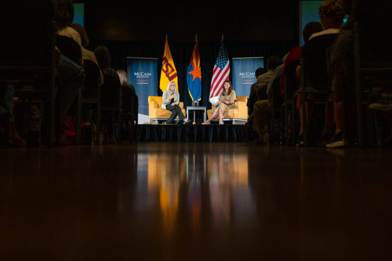Congresswoman Liz Cheney (left) speaks during a “Courage in American Leadership: A Conversation with Congresswoman Liz Cheney” event moderated by McCain Institute John S. McCain Democracy Fellow Sofia Gross at the Memorial Union in Tempe on Oct. 5, 2022. (Samantha Chow/Arizona State University)