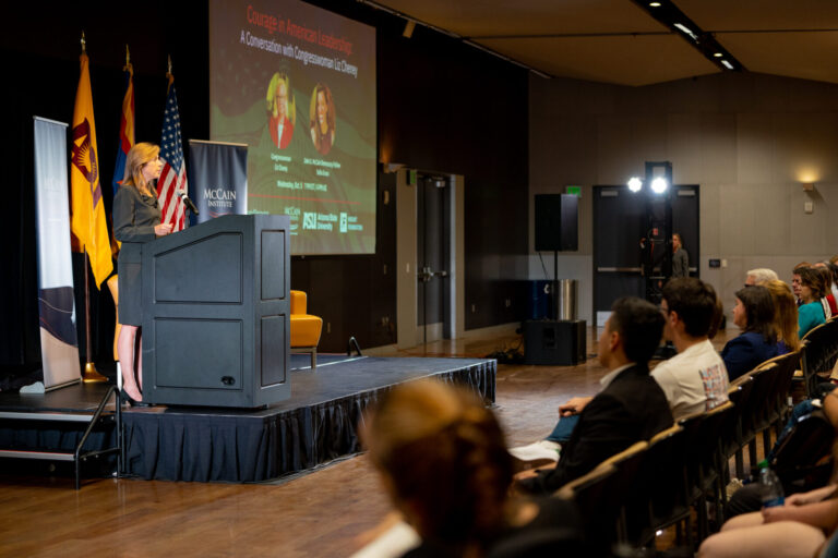 Executive Director of the McCain Institute Evelyn Farkas introduces the “Courage in American Leadership: A Conversation with Congresswoman Liz Cheney” event at the Memorial Union in Tempe on Oct. 5, 2022. (Samantha Chow/Arizona State University)