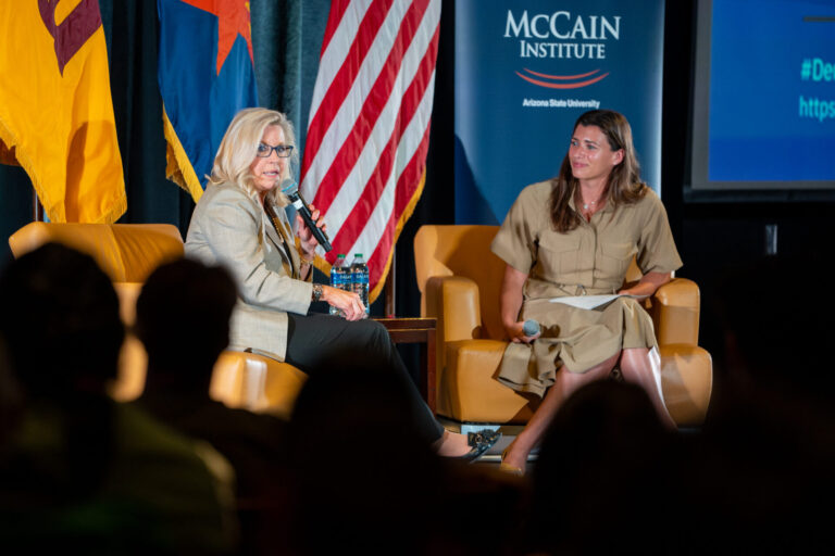 Congresswoman Liz Cheney (left) speaks during a “Courage in American Leadership: A Conversation with Congresswoman Liz Cheney” event moderated by McCain Institute John S. McCain Democracy Fellow Sofia Gross at the Memorial Union in Tempe on Oct. 5, 2022. (Samantha Chow/Arizona State University)