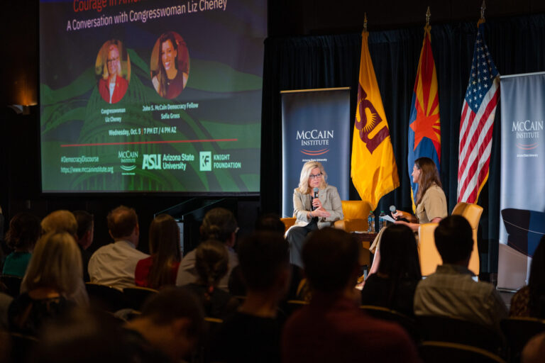 McCain Institute John S. McCain Democracy Fellow Sofia Gross (right) holds a discussion with Congresswoman Liz Cheney during a “Courage in American Leadership: A Conversation with Congresswoman Liz Cheney” event at the Memorial Union in Tempe on Oct. 5, 2022. (Samantha Chow/Arizona State University)