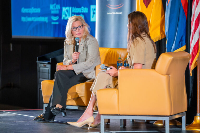 Congresswoman Liz Cheney (left) speaks during an event moderated by McCain Institute John S. McCain Democracy Fellow Sofia Gross at the Memorial Union in Tempe on Oct. 5, 2022. (Samantha Chow/Arizona State University)