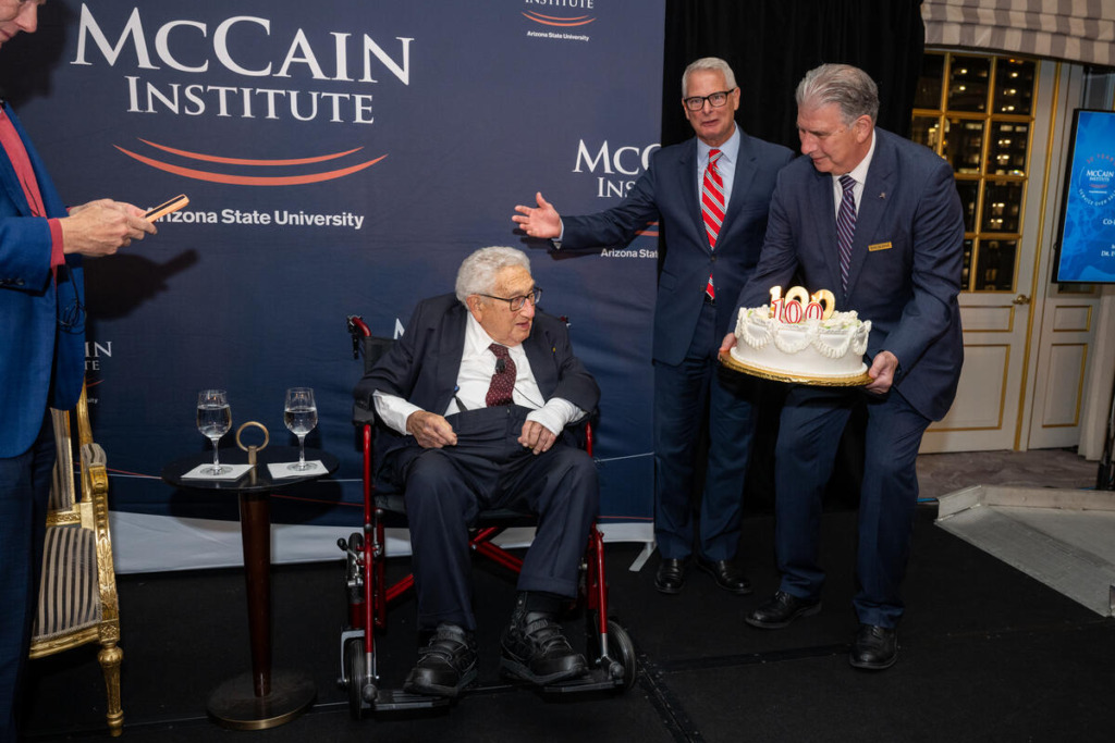 Michael R. Bloomberg introduces Henry Kissinger during the McCain Institute’s New York Fundraising Dinner at the St. Regis Hotel in New York, NY Thursday, October 12, 2023.