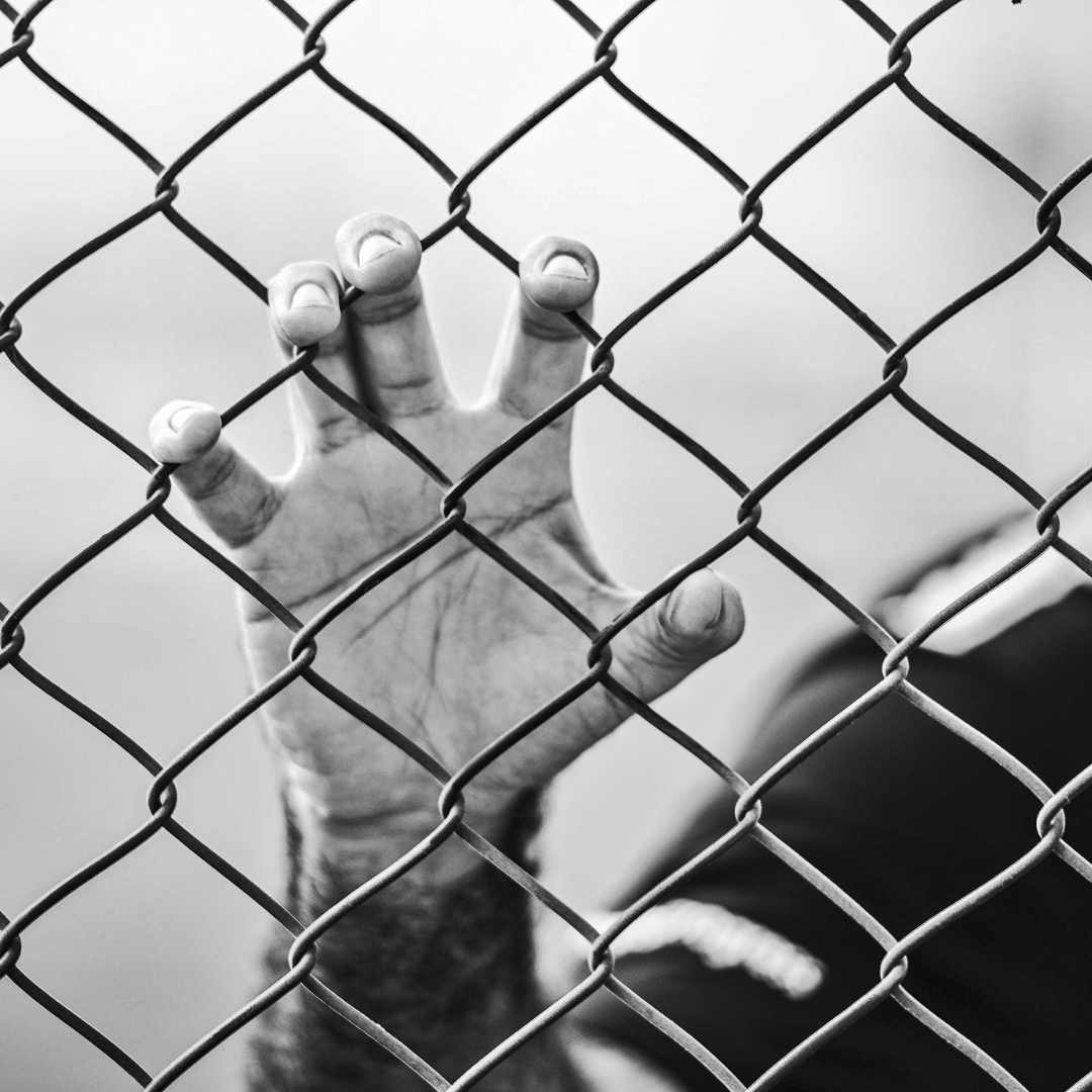 Hand pressing up against a fence.