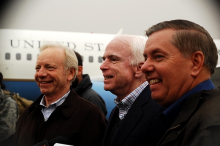 Senators John McCain, Lindsey Graham, and Joe Lieberman on a Congressional Delegation in 2009